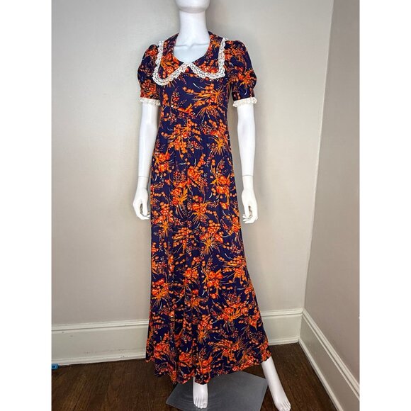 Vintage 1960s/70s Navy Blue and Orange Floral Maxi Dress, Size Small, Lace Trimm - Picture 2 of 5